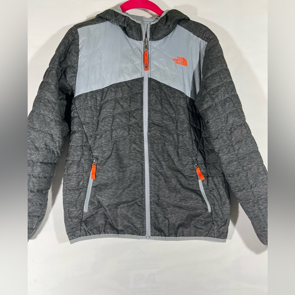 THE NORTH FACE REVERSIBLE PRIMALOFT QUILTED JACKET SZ S GRAY W/ORANGE ACCENTS